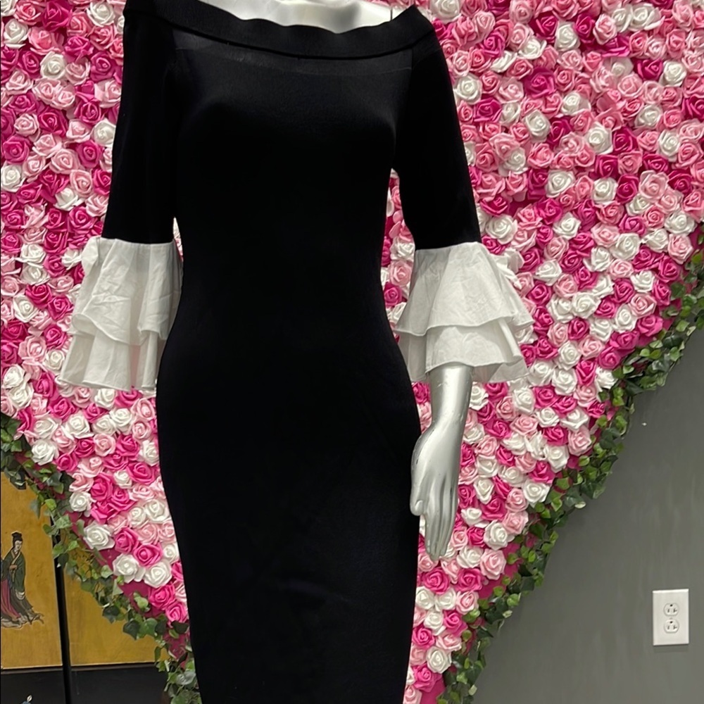 New York & Company | Elegant Black and White Off-Shoulder Dress